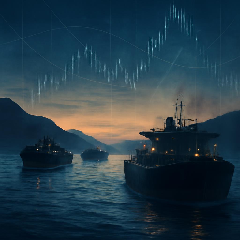 Supertankers moving through a narrow strait under calm, data-like overlays.