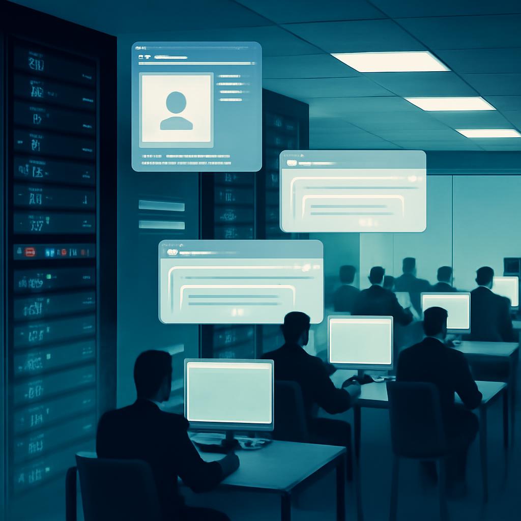 An office of content moderation desks dissolving into server infrastructure under cool corporate lighting.