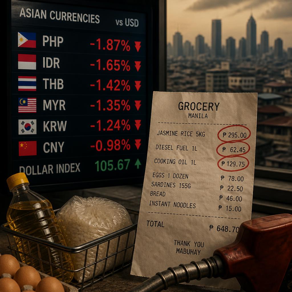 Exchange-rate board and grocery receipt illustrating dollar-driven inflation pressure in Asia.