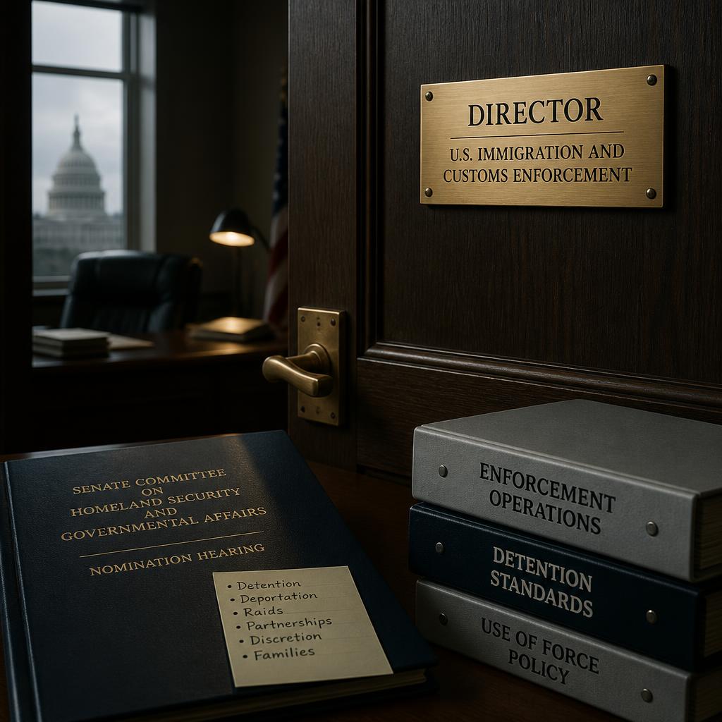 A new ICE director nameplate beside Senate confirmation materials.