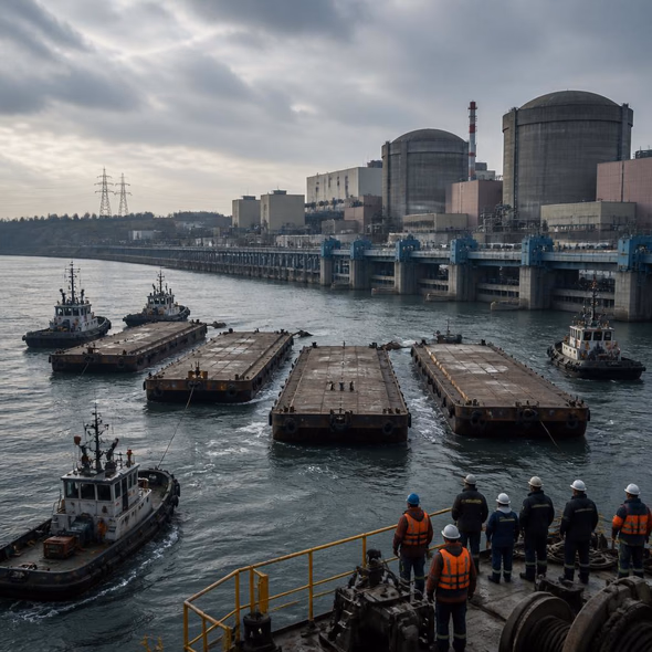 Editorial illustration for “Why Is Romania Sinking Four Barges in the Danube?,” based on the article’s subject.