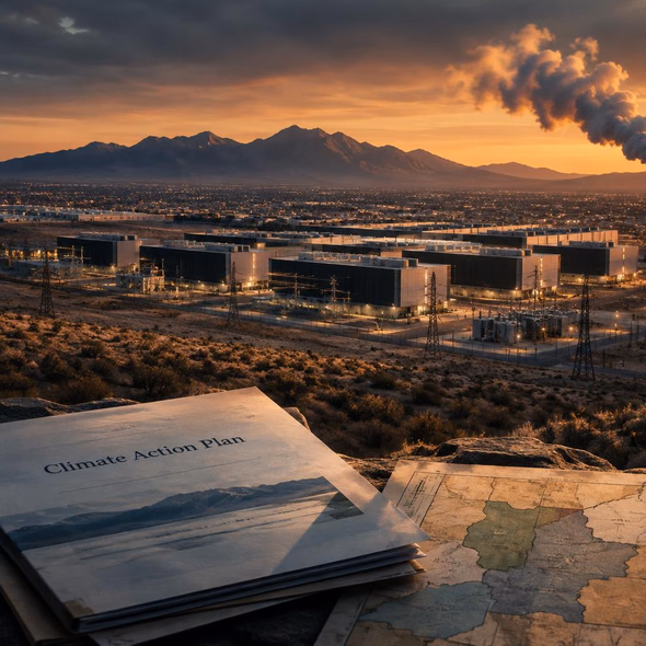 Editorial illustration for “Three Data Centers Could Undo the Climate Plans,” based on the article’s subject.
