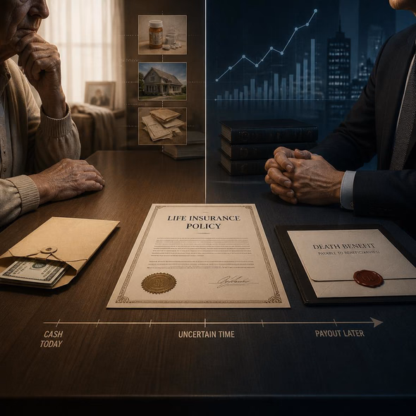 Editorial illustration for “Your Life Insurance Policy Has a Second Buyer,” based on the article’s subject.