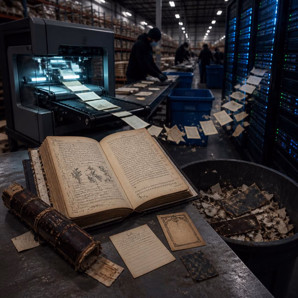 Editorial illustration for “Amazon Destroyed the Books to Keep the Words,” based on the article’s subject.