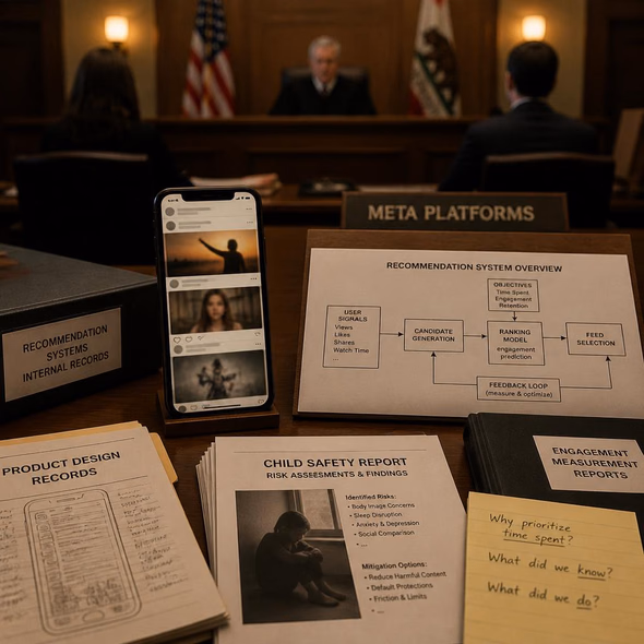 Editorial illustration for “Can a California Trial Make Meta Account for Childhood?,” based on the article’s subject.