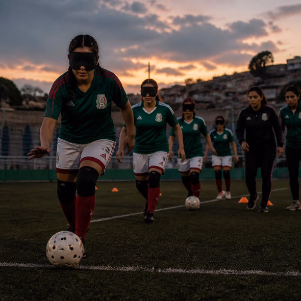 Editorial illustration for “Mexico Fields Its First Blind Women’s Football Team,” based on the article’s subject.