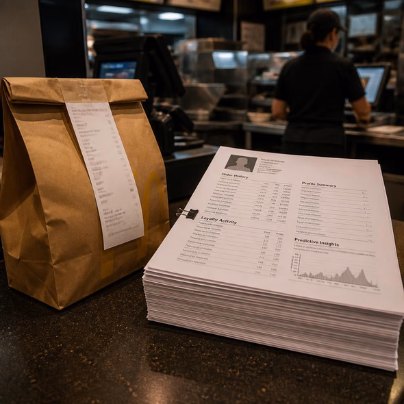 Editorial illustration for “Your McDonald’s Order Comes With a Dossier,” based on the article’s subject.