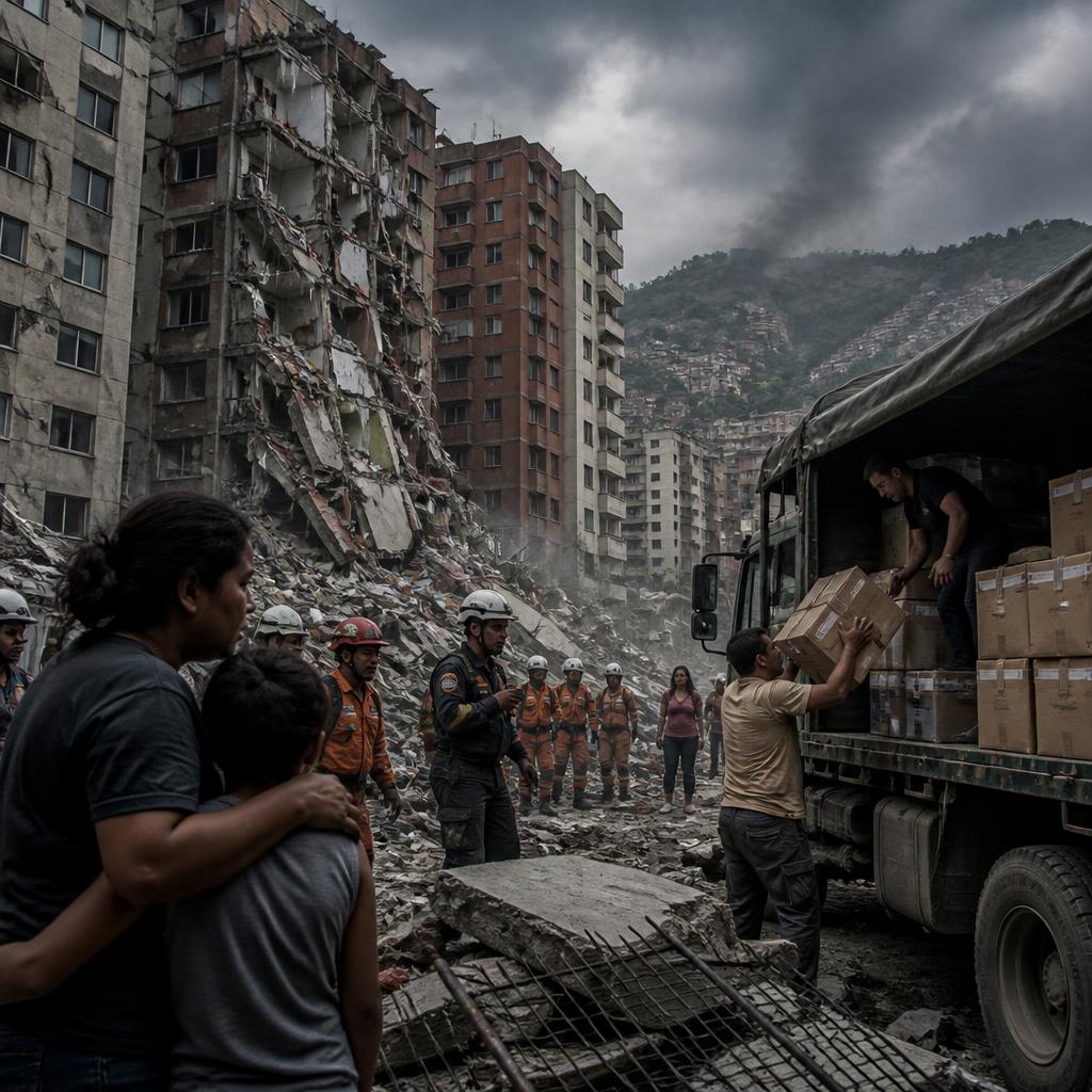 Residents and rescuers gather near earthquake-damaged buildings in Caracas.