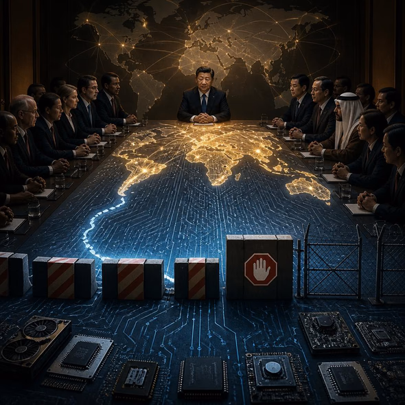 Xi Jinping addresses delegates beside a map of restricted global semiconductor flows.
