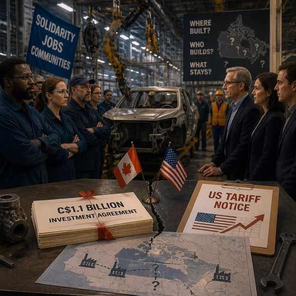 Editorial illustration for “GM’s Canadian Bargain Has a Tariff at the Table,” based on the article’s subject.
