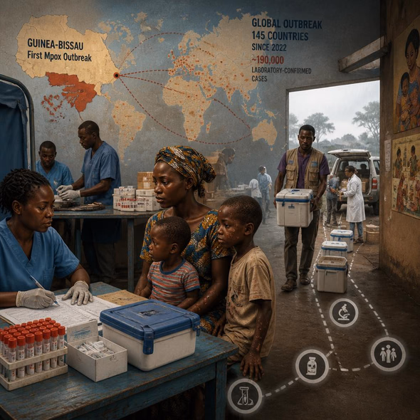 Editorial illustration for “Guinea-Bissau’s First Mpox Outbreak Tests the Response,” based on the article’s subject.