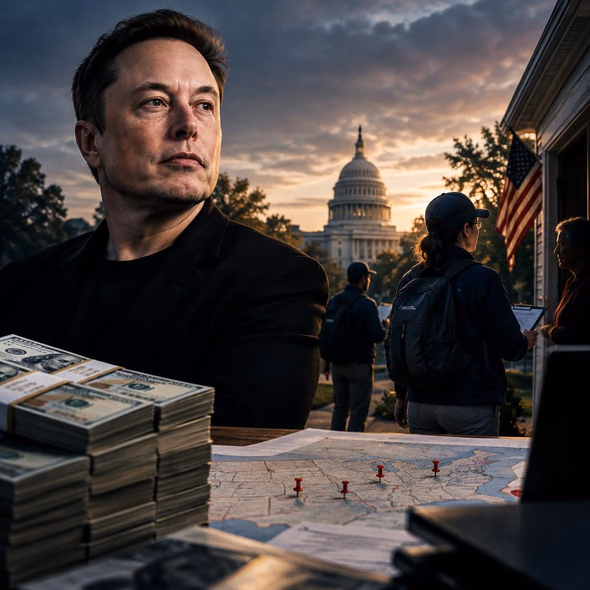 Editorial illustration for “Elon Musk Funds the Ground Game. Who Sets the Terms?,” based on the article’s subject.