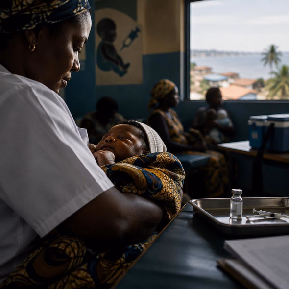 Editorial illustration for “Guinea-Bissau Approves a Trial That Withholds Newborn Vaccines,” based on the article’s subject.