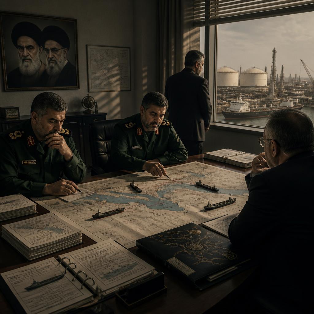 Business figures review sanctions documents in a Tehran boardroom overlooking oil infrastructure.