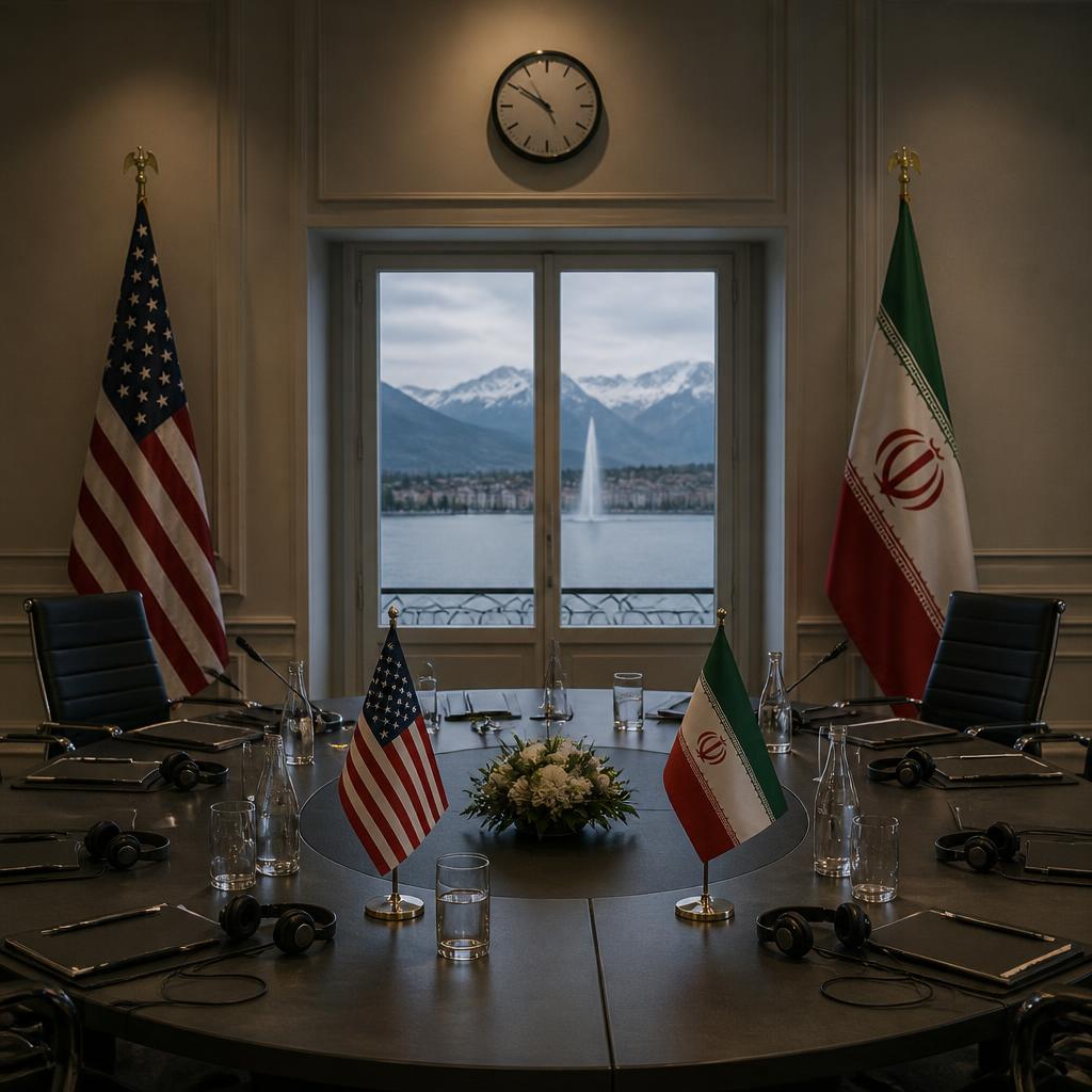 An empty Swiss meeting room set for U.S.-Iran diplomatic talks.