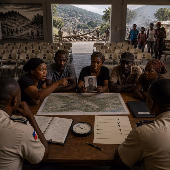 Editorial illustration for “Haiti Police Face Kenscoff After 47 Killings,” based on the article’s subject.