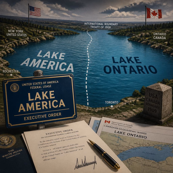 Editorial illustration for “Trump Renames His Side of Lake Ontario,” based on the article’s subject.