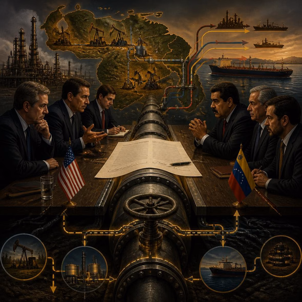 Editorial illustration for “What Does Long-Term Access to Venezuelan Oil Buy?,” based on the article’s subject.