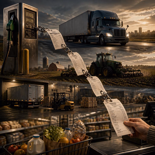 Editorial illustration for “Diesel Prices Reach Every Checkout Line,” based on the article’s subject.