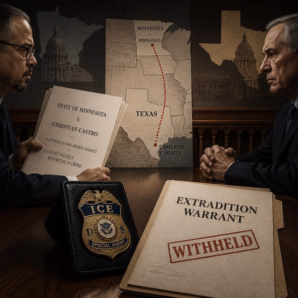 Editorial illustration for “Minnesota Asks Texas to Hand Over an ICE Agent,” based on the article’s subject.
