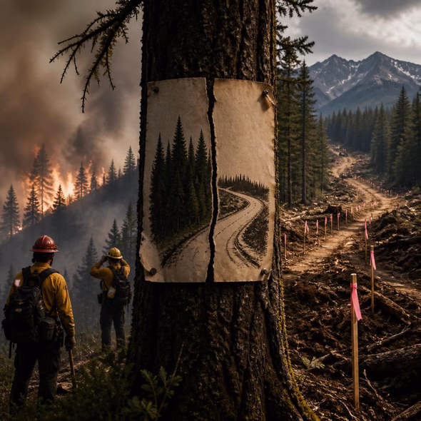 Editorial illustration for “The Roadless Rule Faces a Controlled Burn,” based on the article’s subject.