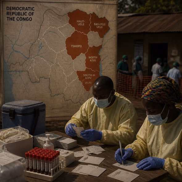 Editorial illustration for “The DRC’s Ebola Response Now Spans Six Provinces,” based on the article’s subject.