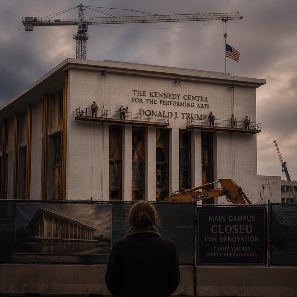 Editorial illustration for “Whose Name Survives the Kennedy Center Renovation?,” based on the article’s subject.