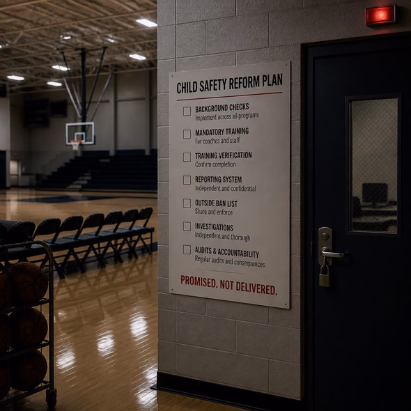 Editorial illustration for “Youth Sports Left Its Abuse Reforms on Paper,” based on the article’s subject.