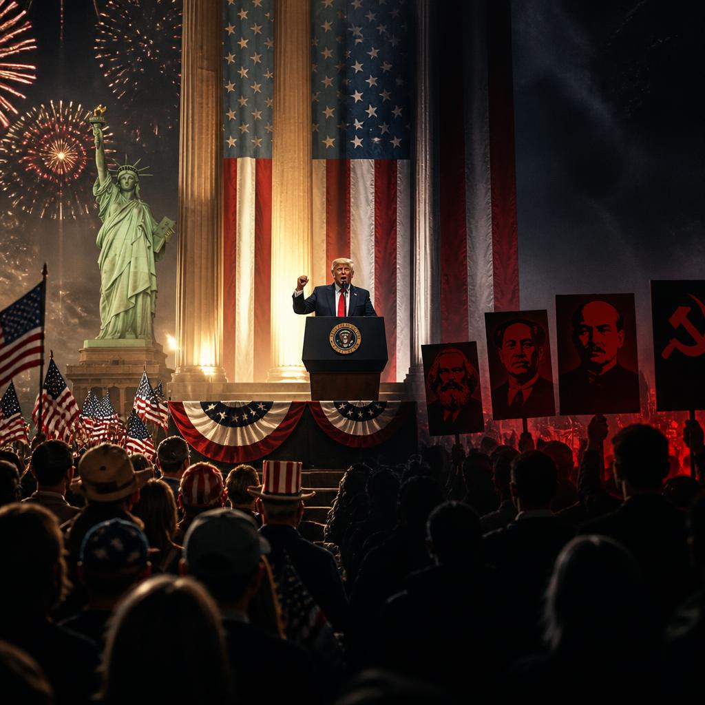 A patriotic anniversary stage with a presidential podium and divided crowd.