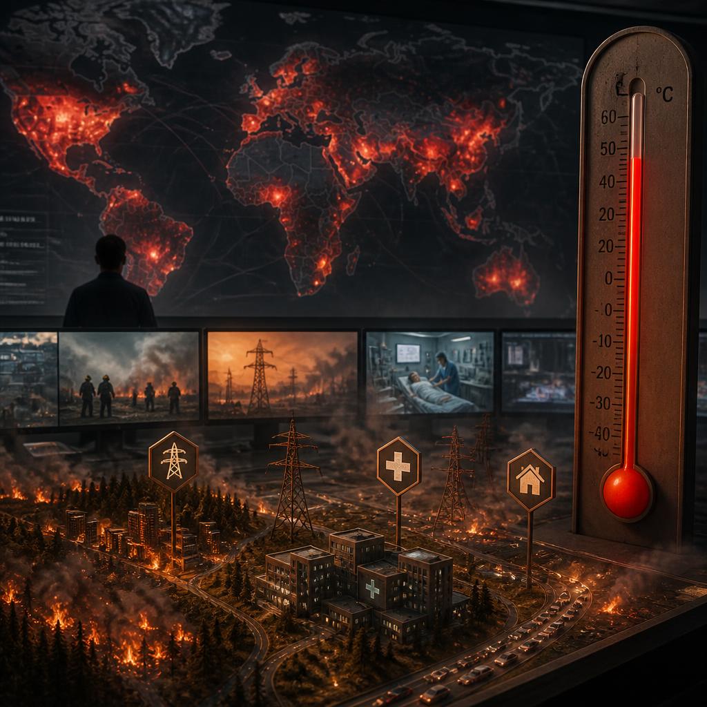 A crisis map links record fire outbreaks with extreme heat and strained infrastructure.