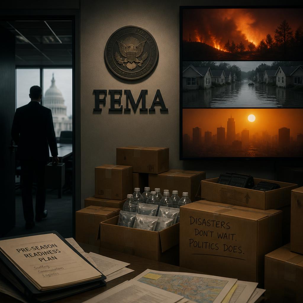 Emergency response supplies sit beneath a FEMA sign as multiple disaster alerts appear on a screen.