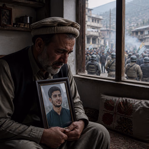 Editorial illustration for “A Father Counts the Cost of Kashmir’s Protests,” based on the article’s subject.