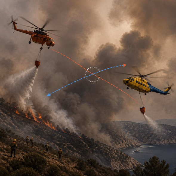 Editorial illustration for “Why Did Two Firefighting Helicopters Share Fatal Airspace?,” based on the article’s subject.