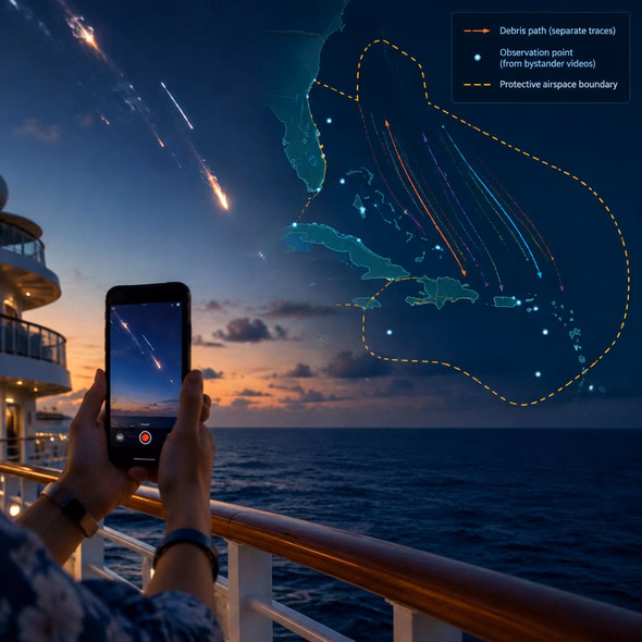 Editorial illustration for “SpaceX Tracked Debris Through Vacation Videos,” based on the article’s subject.