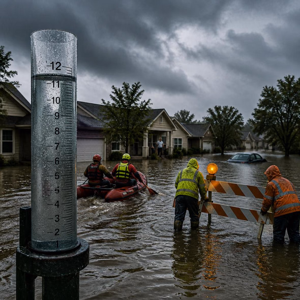 Editorial illustration for “Eleven Inches of Rain Expose Indiana’s Street-Level System,” based on the article’s subject.