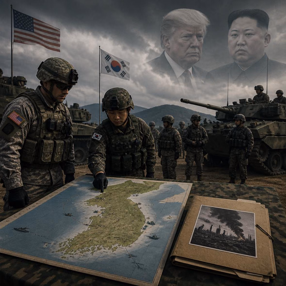 Editorial illustration for “Trump Links Korean Drills to a War South Korea Avoided,” based on the article’s subject.