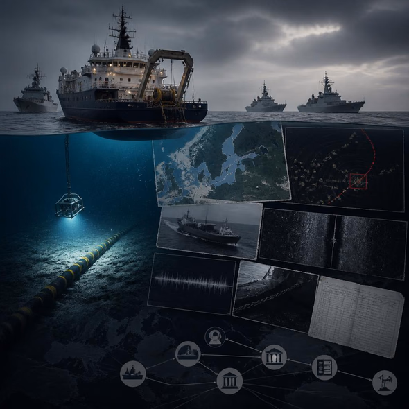 Editorial illustration for “NATO Caught the Cable Plot Before the Seabed Went Dark,” based on the article’s subject.
