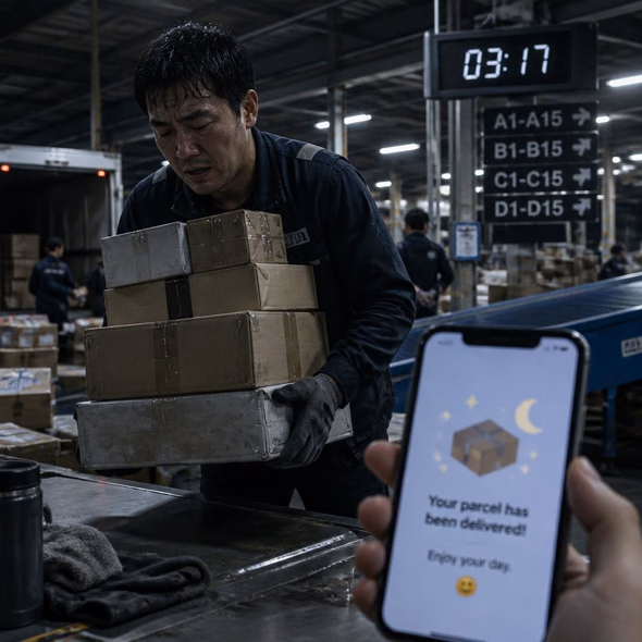 An overnight delivery worker handles parcels in a brightly lit warehouse before dawn.