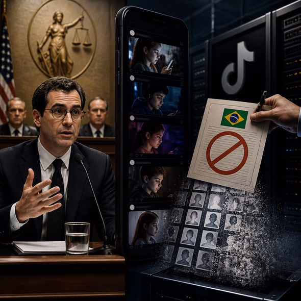 Editorial illustration for “Meta Defends the Feed. Brazil Orders TikTok to Forget.,” based on the article’s subject.