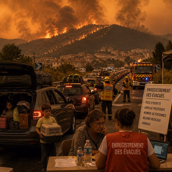 Evacuation traffic leaving a wildfire zone in southern Europe