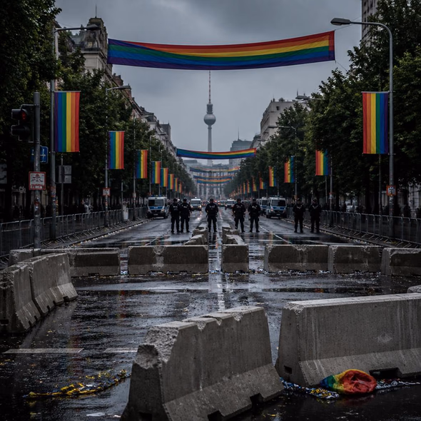Police barriers across an emptied Berlin Pride route beneath rainbow banners