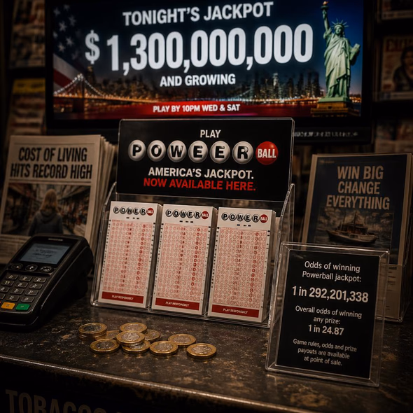 Powerball tickets and pound coins beneath a dollar jackpot advertisement in Britain.