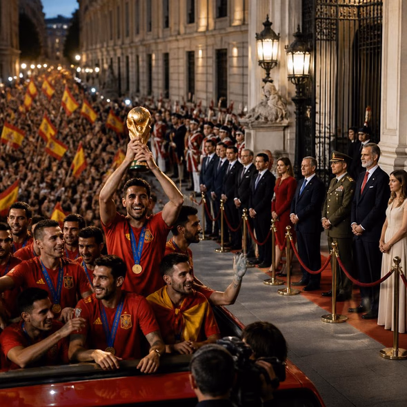 Spain's World Cup champions parade the trophy before crowds and waiting officials.