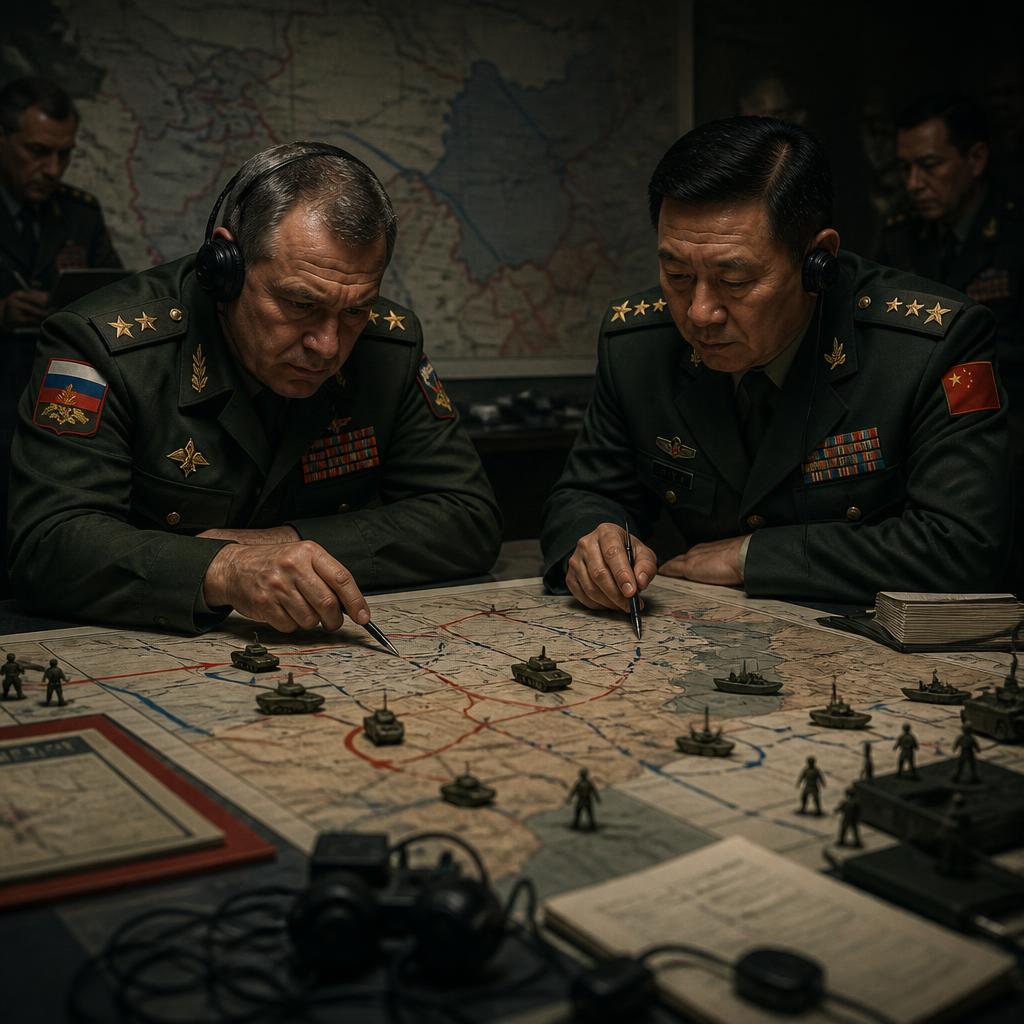 Russian and Chinese officers review a joint military training map.