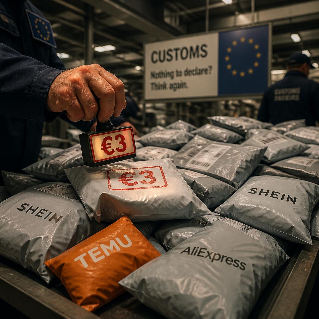 Cheap ecommerce parcels sit at customs with a three-euro fee stamp.