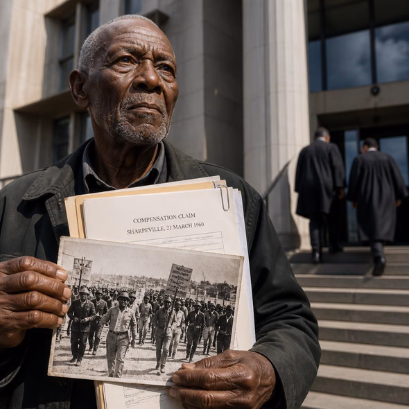 Editorial illustration for “Sharpeville’s Survivors Bring 1960 to Court,” based on the article’s subject.