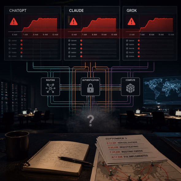 Editorial illustration for “Three AI Services Went Dark Together. The Cause Is Still Missing.,” based on the article’s subject.