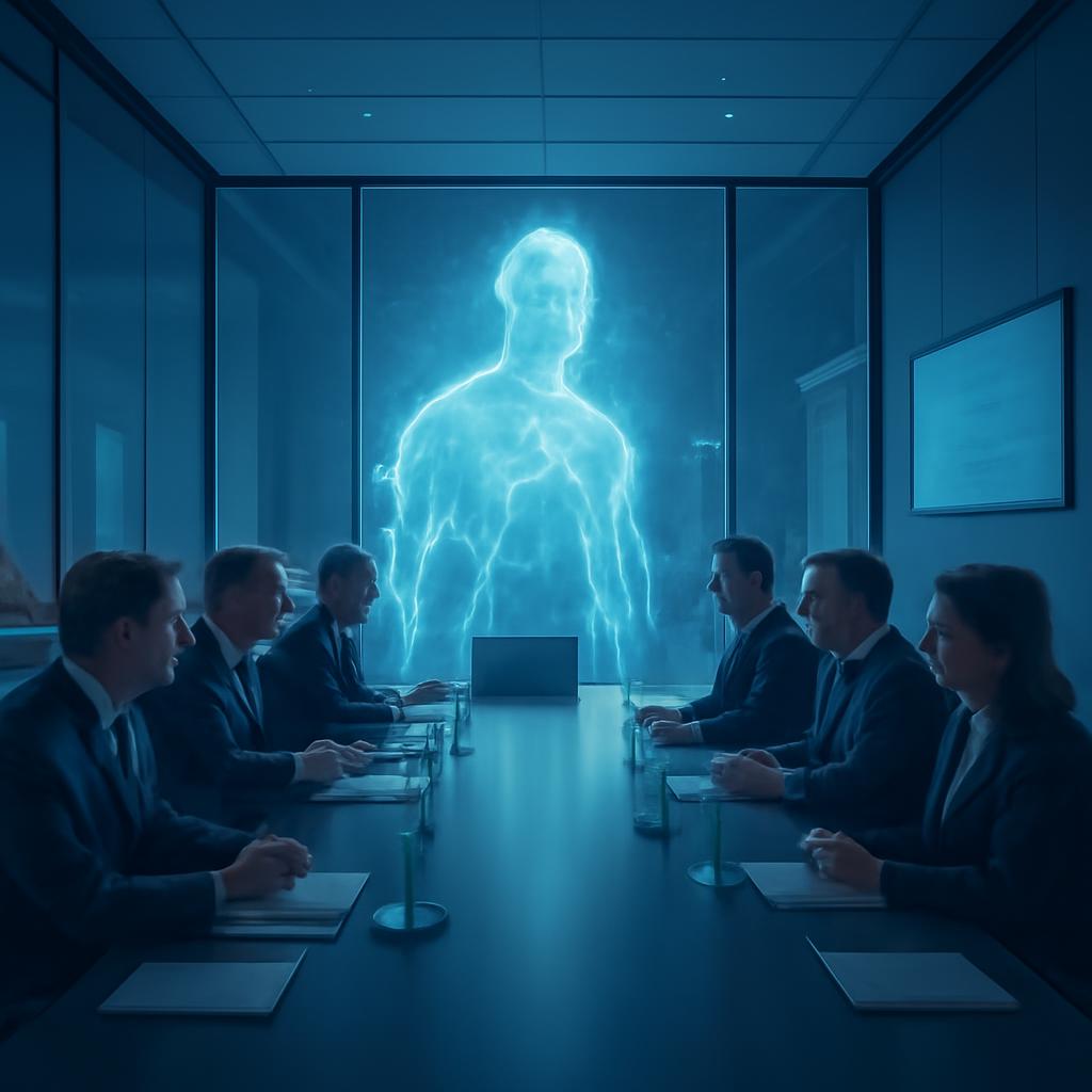 A sleek government meeting room where officials confer as an abstract AI glow reflects in the glass.
