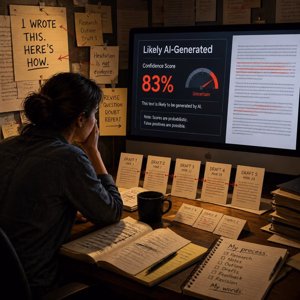 Editorial illustration for “AI Detectors Put Human Writing on Probation,” based on the article’s subject.
