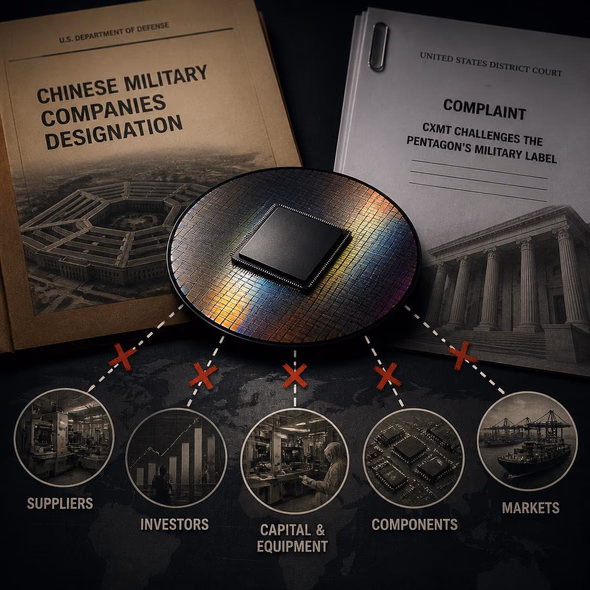 Editorial illustration for “CXMT Challenges the Pentagon’s Military Label,” based on the article’s subject.